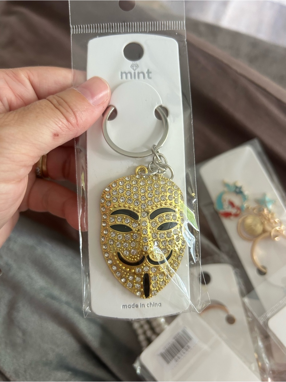 4/$50 mint Gold Crystal Mask Keychain - Gold Keyring Accessory